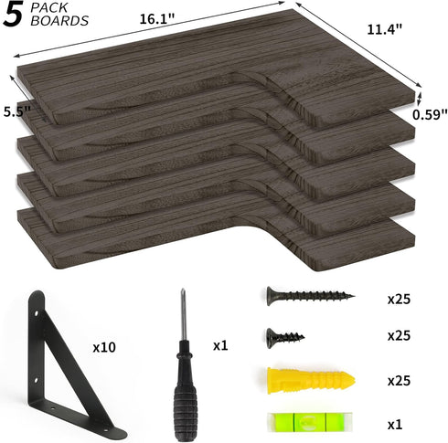 Fixwal Set of 5 Corner Floating Shelves, Rustic Wood Wall Mounted Shelf for Bathroom, Kitchen, Bedroom, Home Decor