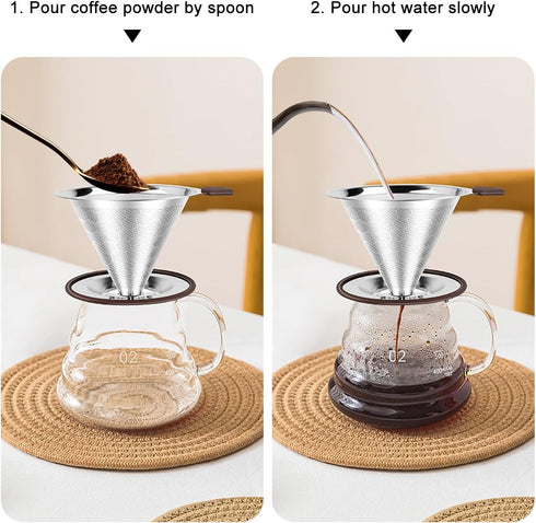 Pour Over Coffee Dripper, Professional Stainless Steel Filter, Paperless Reusable with Spoon and Silicone Tray