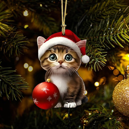 OFDNE Decoration,10Pcs Christmas Tree Christmas Tree Acrylic Pendant, Cute Cat with Light Xmas Tree Accessories