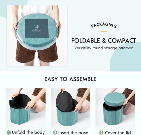 Round15 Inch, 220lbs Phantoscope Storage Ottoman Velvet Folding Storage Boxes Footrest Foot Ottoman Toy Box, Padded
