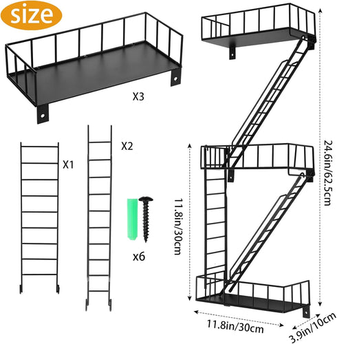 Zonon Display(Black,3 Fire Escape Wall Shelf Hanging Metal Ladder Shelves Wall Decor Cool Bookshelf Organizer Floating