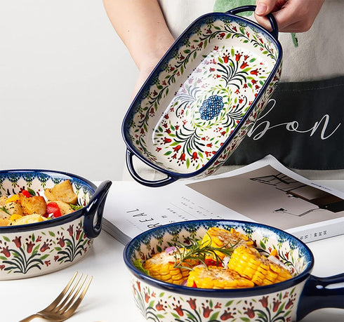 Vintage Style Ceramic Bakeware Casserole Dish with Tulip Flower Pattern, 22 OZ for Oven