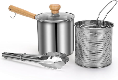 Small Deep Fryer Pot with Basket, Mini Fryer and Soup Pot with Tongs and Lid, 1.3-Quart