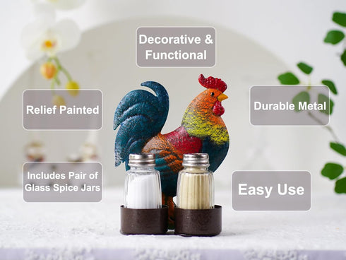 Rooster Salt and Pepper Shakers Set - Two Glass Shakers With Lids, Vintage Metal Rooster Holder Caddy For Spices And Seasonings, For Kitchen, Dining Or Table Decor (rooster)