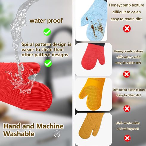 Silicone Oven Mitts - Red Oven Mitts Heat Resistant 500F 13.6 in Soft Lining Waterproof Grippy Design Flexible BPA-Free Oven Gloves - Oven Mits for Cooking Baking Kitchen Mittens Pot Holders by Tayfeim