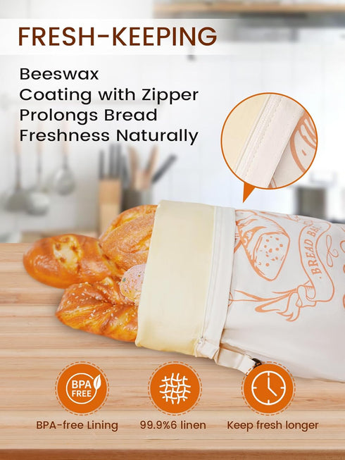 2 Pack XL(13x17in) Beeswax Bread Bags with Zipper, Sourdough Bread Storage for Homemade, Freezer Storage Bag to Keep