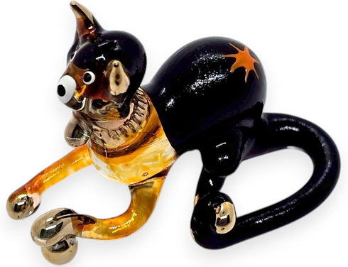 Tiny 2¼" Black Brown Crouching Play Ball Cat Figurine - Miniature Hand Blown Painted Glass