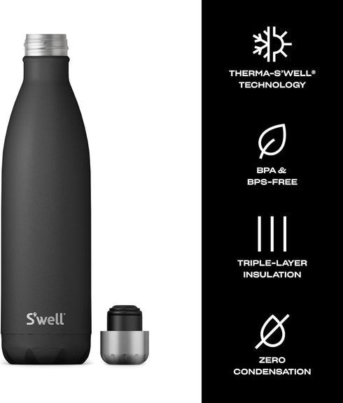 S'well Onyx Stainless Steel Water Bottle, 25oz - Triple Layered Vacuum Insulated - Keeps Drinks Cold for 48 Hours