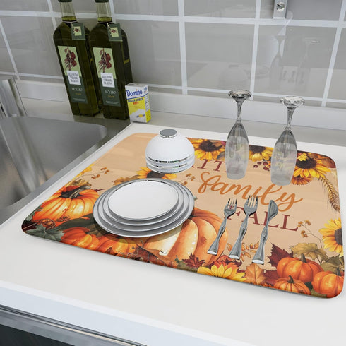 Fall Pumpkin Sunflower Dish Drying Mat 18”x24”, Absorbent Autumn Orange Pumpkins Drying Mat for Kitchen Counter