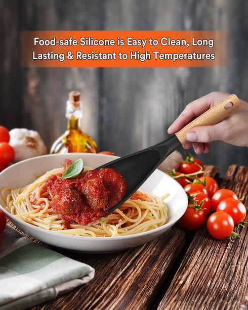 Cooking Spoon for Nonstick Cookware, Durable BPA-Free Matte Silicone, Wood Handle Spoon for Mixing, Scoop, and Scrape