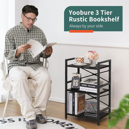 3 Yoobure Bookshelf Small Book Shelf, Solid Industrial Tier Shelf Bookcase, Short Book Case for Bedroom, Living Room