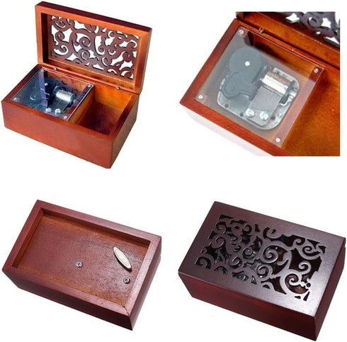 FnLy Antique Engraved Wooden Wind-Up Musical Box, Love Story, with Silver-Plating Movement, Rectangle