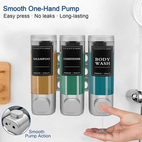 Emelunox 3-Chamber Wall Mount Shower Dispenser - No-Drill Adhesive or Drill Mount - Refillable Shampoo, Conditioner