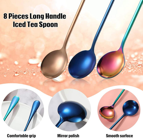 8 Pieces 7.48 Inch Long Handle Stainless Steel Tea Spoons for Mixing, Cocktail Stirring, and Drinks