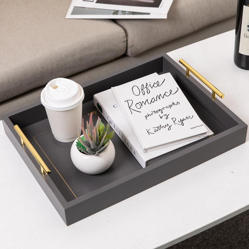 16"x12" Decorative Coffee Table Ottoman Trays Modern Wood Elegant Rectangle Glossy Shagreen Serving Trays with Gold