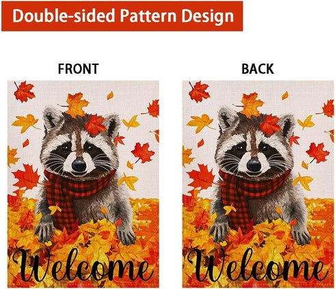 Welcome Fall Maple Leaves Garden Flag, 12.5x18 Inch Double Sided Seasonal Raccoon Outdoor Decoration for Autumn