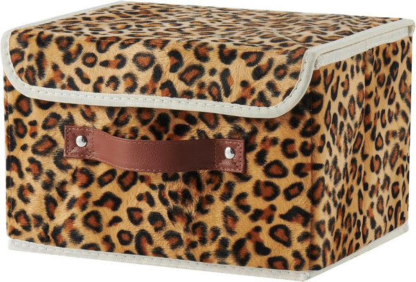 Storage Bin with Lid - Leopard Print Cute Velvet Fabric Basket Box with Faux Leather Handles, Foldable Organizer (Small