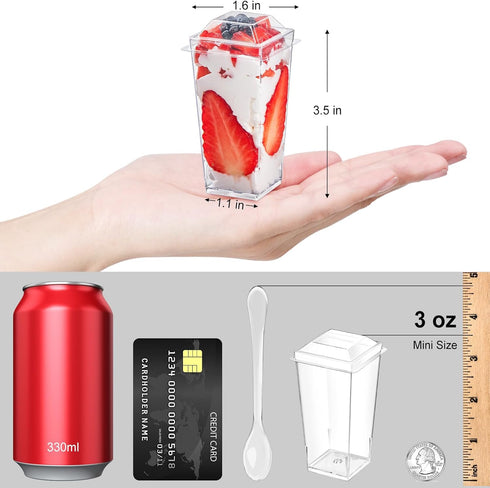 50 Pack 3 oz TOFLEN Square Mini Dessert Cups with Lids and Spoons Clear Plastic Dessert Shooter Cups for for Party