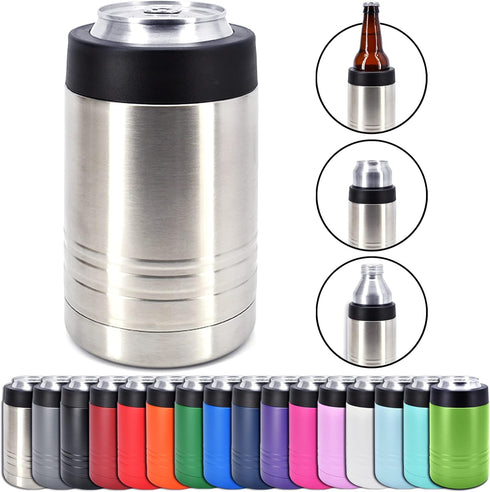 4-in-1 Stainless Steel 12 oz Double Wall Vacuum Insulated Can or Bottle Cooler, Fits 16 oz Cans, Clear Water Home Goods