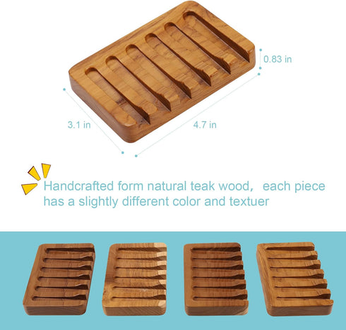 HTB Soap Dish with Slanted Waterfall Design, Teak Wood Bar Soap Holder for Shower, Bathroom, Kitchen