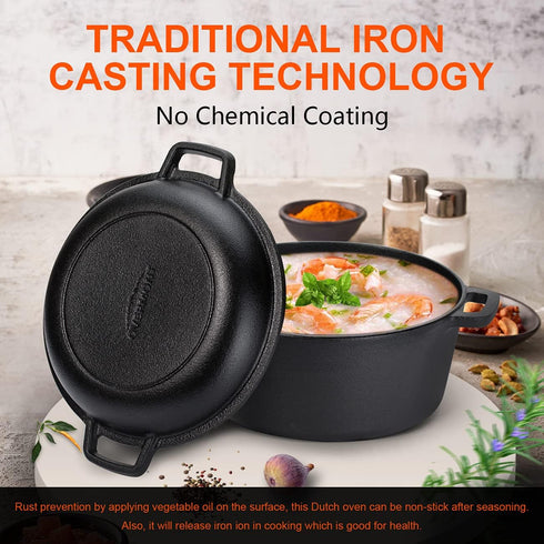 Overmont 2 in 1 Pre-Seasoned Dutch Oven with Skillet Lid for Induction, Electric, Grill, Stovetop, BBQ, Camping (5