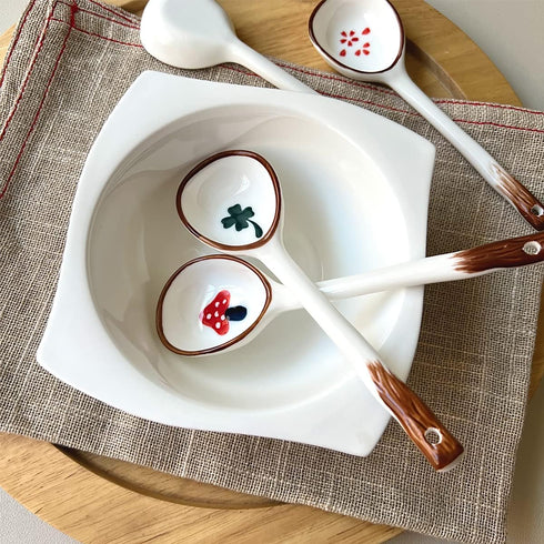 Vintage Ceramic Ramen Soup Spoons, 4 PCS Asian Tablespoon for Rice Noodles, Dessert, and Gravy - Mushroom (6.6 Inch)