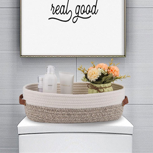Woven Storage Basket for Toilet Tank Top, Farmhouse Organizing Decor for Bathroom, Table, Counter 13"x5.9"x4" Apricot