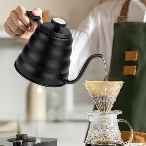 Black Gooseneck Tea Kettle with Thermometer, 40 floz/1200ml Premium Stainless Steel Pot for Pour Over Coffee