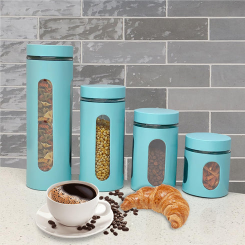 Kitchen Canisters Set for Countertop by Home Basics, Retro-Styled Stainless Steel and Glass, 4 Pieces (Turquoise)