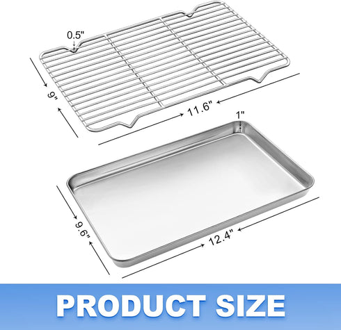 Baking Sheet with Wire Rack Set, Zacfton Stainless Steel Cookie Sheet Baking Pan Toaster Oven Tray with Cooling Rack, 12.4 x 10 x 1 Inch Quarter Sheet Pan - Non Toxic & Dishwasher Safe