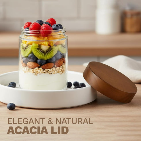 16 oz 2-Pack Bumobum Overnight Oats Containers with Lids, Glass Mason Jars with Acacia Wood Airtight Lid, Wide Mouth