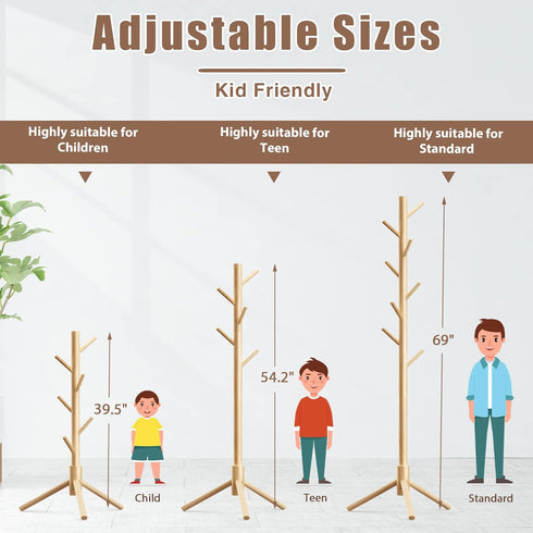 Haddockway Wooden Coat Rack Stand with 8 Hooks, New Zealand Pine Adjustable Coat Tree for Entryway, Hallway