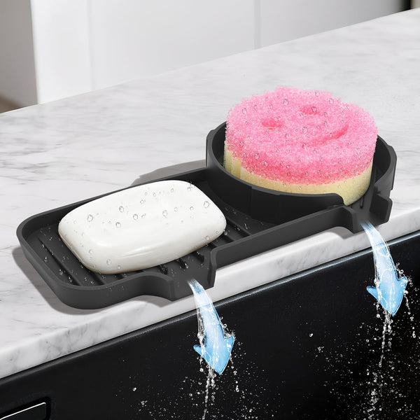 AMAZYC-US Upgraded 2-in-1 Silicone Sponge & Soap Holder with Extra Tray, Auto-Drain Organizer