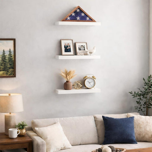 Set 3, 22lb BAYKA White Floating Shelves for Wall of Rustic Wood Wall Shelves with Metal Brackets for Bathroom
