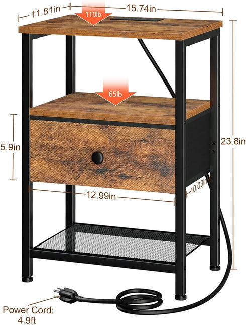 HETS010BR-1 LOAKEKEL Night Stand with Charging Station, Small Bedside Table with Fabric Drawer, Nightstand with USB