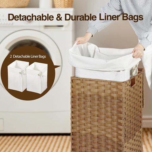 GREENSTELL 60L Laundry Hamper with Lid, Handwoven Synthetic Rattan Laundry Basket with 2 Removable Liner Bags & 2 Mesh