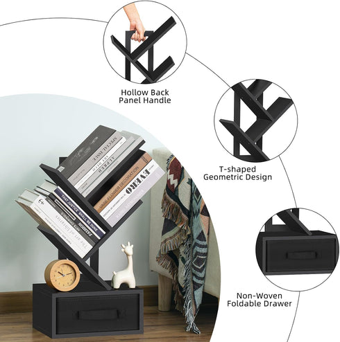 Small Book Shelf with Drawer, 4 Tier Black Tree Bookshelf, Wooden Desktop Bookcase for Living Room, Bedroom, Office