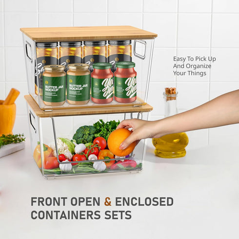 Stackable Storage Bin Sets for Pantry, Front Open & Enclosed, Clear Plastic Baskets with Lid & Handle (2+2)