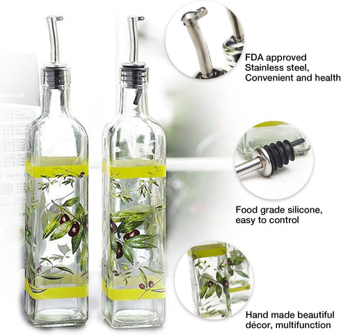 CEDAR HOME Olive Oil Bottle Set - Glass Dispenser Vinegar Cruet 17oz with Stainless Steel Pourer Spout, Green