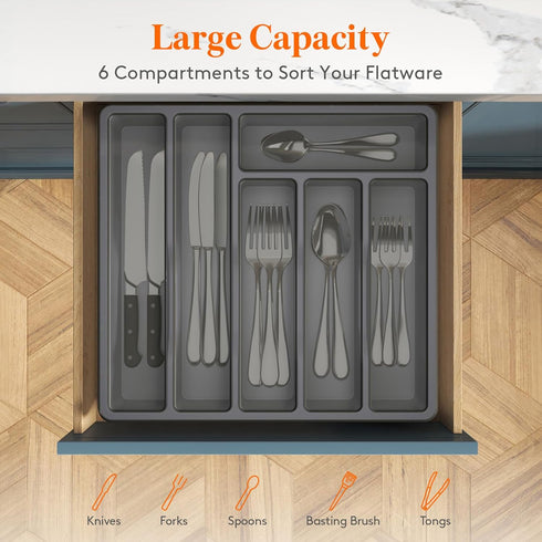 Lifewit Silverware Organizer with Lid, Covered Utensil Tray for Kitchen Drawer, 6 Compartments, Gray Plastic Cutlery