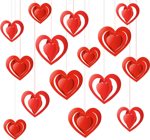 15 Pieces Valentine's Day 3D Heart Hanging Decorations - Red Hearts Hanging Ornaments with Ribbons for Party Supplies