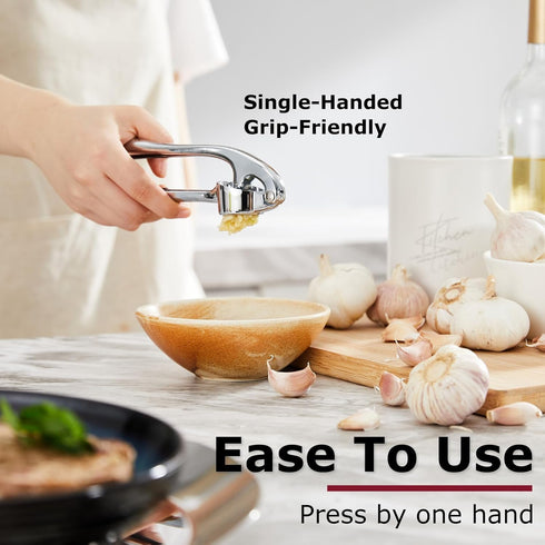 Kitessensu Premium Garlic Press Set, Heavy Duty Mincer with Silicone Peeler & Brush, Rust Proof & Dishwasher Safe -