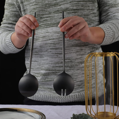 Salad Servers - 11.41 inch Spoon and Fork Set, 18/10 Stainless Steel with Titanium Plating (Black)