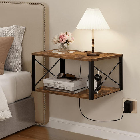 Homode Floating Nightstand, Wood Floating Bedside Table with Cable Hole, 2 Tier