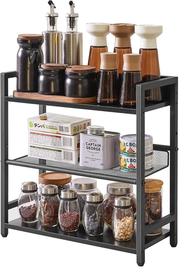 IBUYKE 3-Tier Spice Rack Industrial Counter Shelf, Desktop Storage Organizer Standing Seasoning Rack for Kitchen,