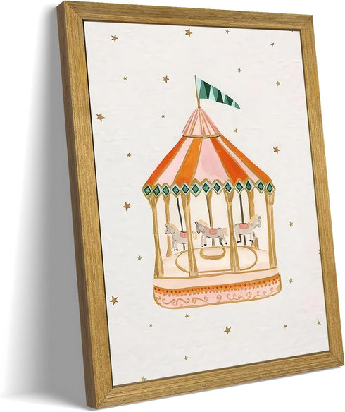 SAMHOU Wood Framed Carousel Wall Art, Nursery Wall Decor Paintings for Baby Girl