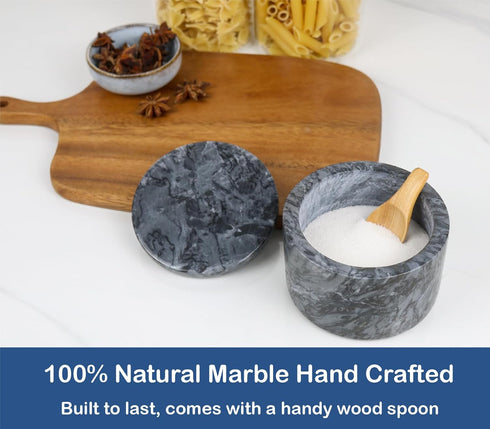 4" 1 Pack HillSpring Marble Salt Cellar with Lid and Wooden Spoon, Handcrafted Spice Pepper Herbs Box, Kitchen Storage