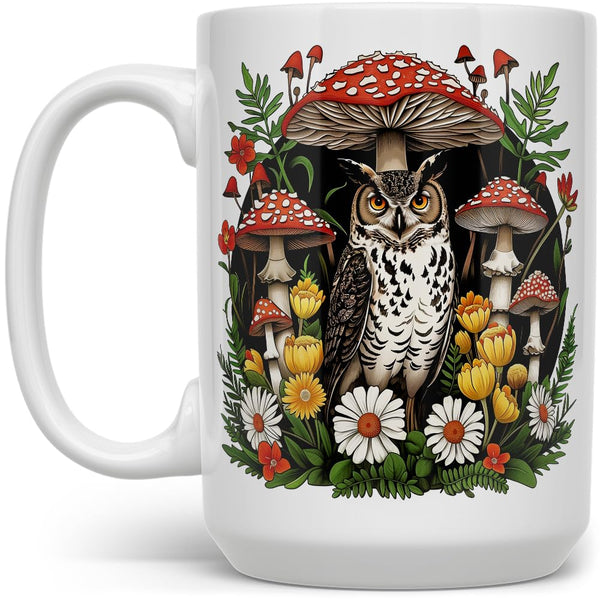 Woodland Forest Owl Cottagecore Coffee Mug, Cozy Whimsical Mushroom Nature Cup
