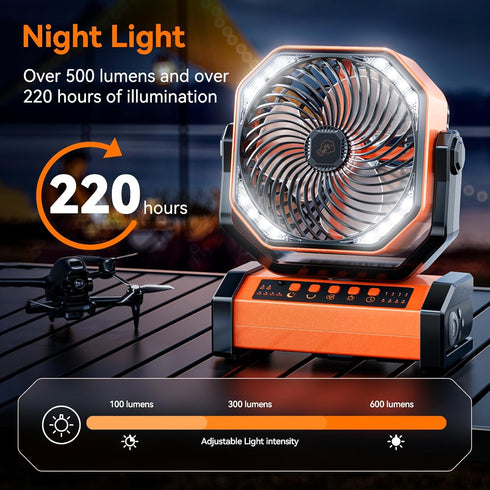 Camping LED Fan with Light, 20000mAh Rechargeable Battery, 4 Speed, Personal USB Desk Fan for Outdoor Use