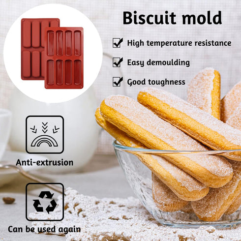 2 PCS Finger Biscuit Silicone Mould, 8 Cavities Non-stick Chocolate Bar Mold for Candy, Eclair, Muffin